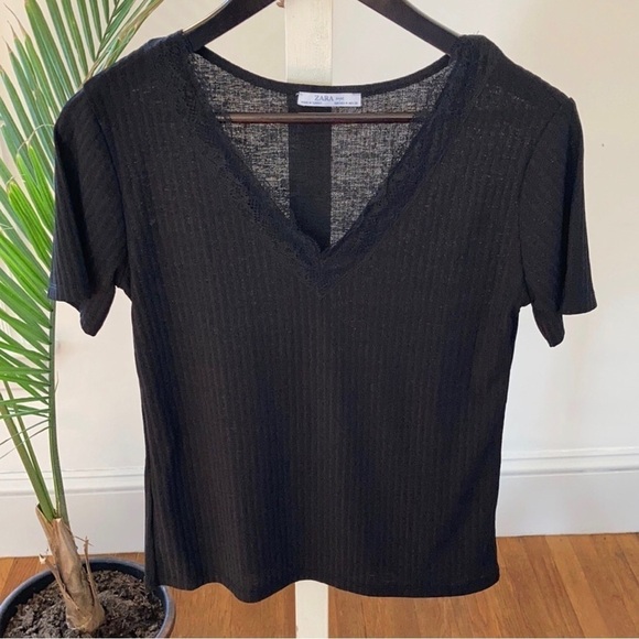 ZARA Black Lace Trimmed Ribbed Knit Short Sleeve Tee Med - Picture 3 of 9